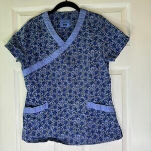 Dansko Blue Floral Scrub Top Wrap V-Neck Short Sleeve Uniform Women’s M